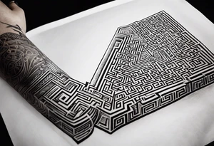 A three deminsional maze tattoo covering the arm in a large Greek key pattern tattoo idea