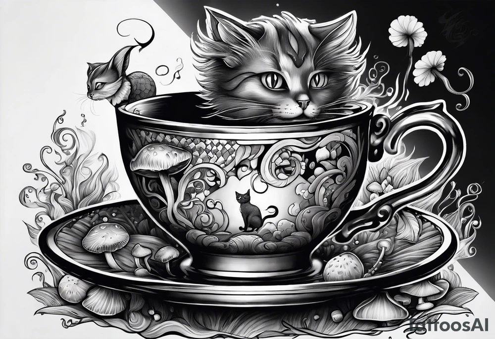 A mysterious cat taking a hot mushrooms cup of tea tattoo idea