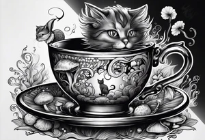 A mysterious cat taking a hot mushrooms cup of tea tattoo idea