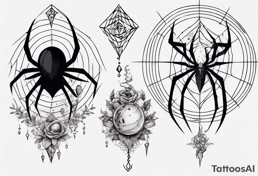 Spider in a spiral spiderweb with jewels and shattered chalices and spiral unicorn horn. tattoo idea