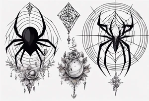 Spider in a spiral spiderweb with jewels and shattered chalices and spiral unicorn horn. tattoo idea
