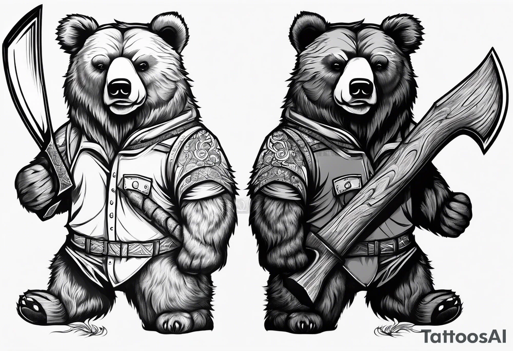 Vertically split half teddy bear and half grizzly bear holding a wood axe tattoo idea
