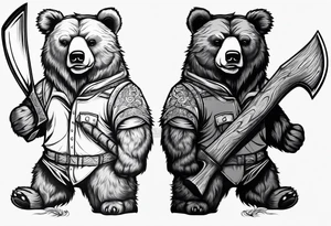 Vertically split half teddy bear and half grizzly bear holding a wood axe tattoo idea