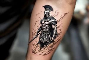 Powerful gladiator roman soldier standing full body provocative surrounded in interior colosseum combat sword helmet cape sand wind tattoo idea