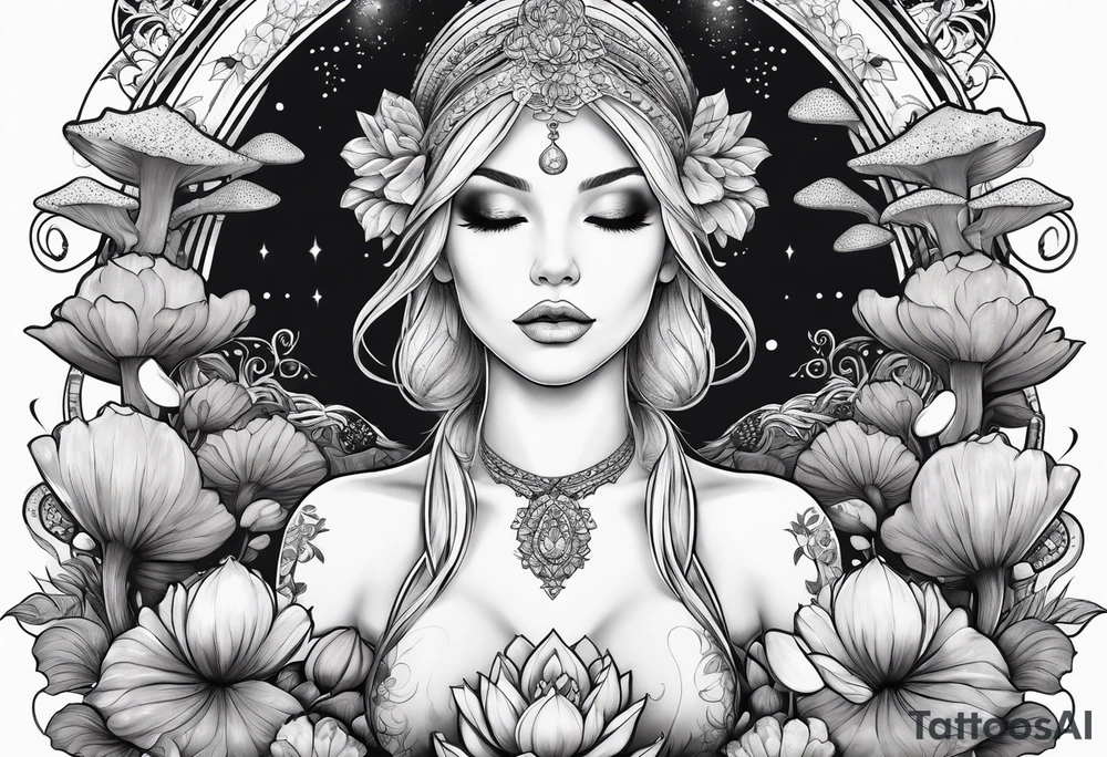 Blonde Girl sitting lotus position in field of mushrooms tattoo idea