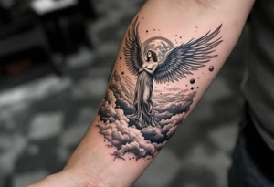 angels with wings standing on clouds looking down upon the world and planets in the background to give it more detail make it a half sleeve to cover up one side of the forearm tattoo idea