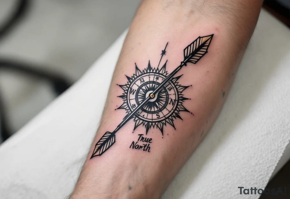 Rustic half compass half clock with and long native American arrow pointing at my wrist with the words “True North” tattoo idea