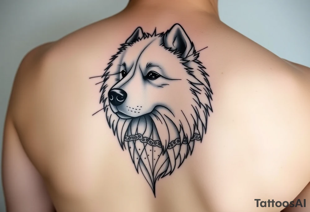 I would like a tattoo in a geometric-realistic style. I want it to depict my dog, a Samoyed (photo attached), combining his face with a design that includes lines, circles, and emotional or symbolic details—like a landscape or a memory connected to him."

If you’d like to customize it more with references to snow, mountains, or other memories, I can tweak it for you! tattoo idea
