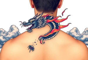 fierce dragon breathing iridescent fire against stormy skies tattoo idea