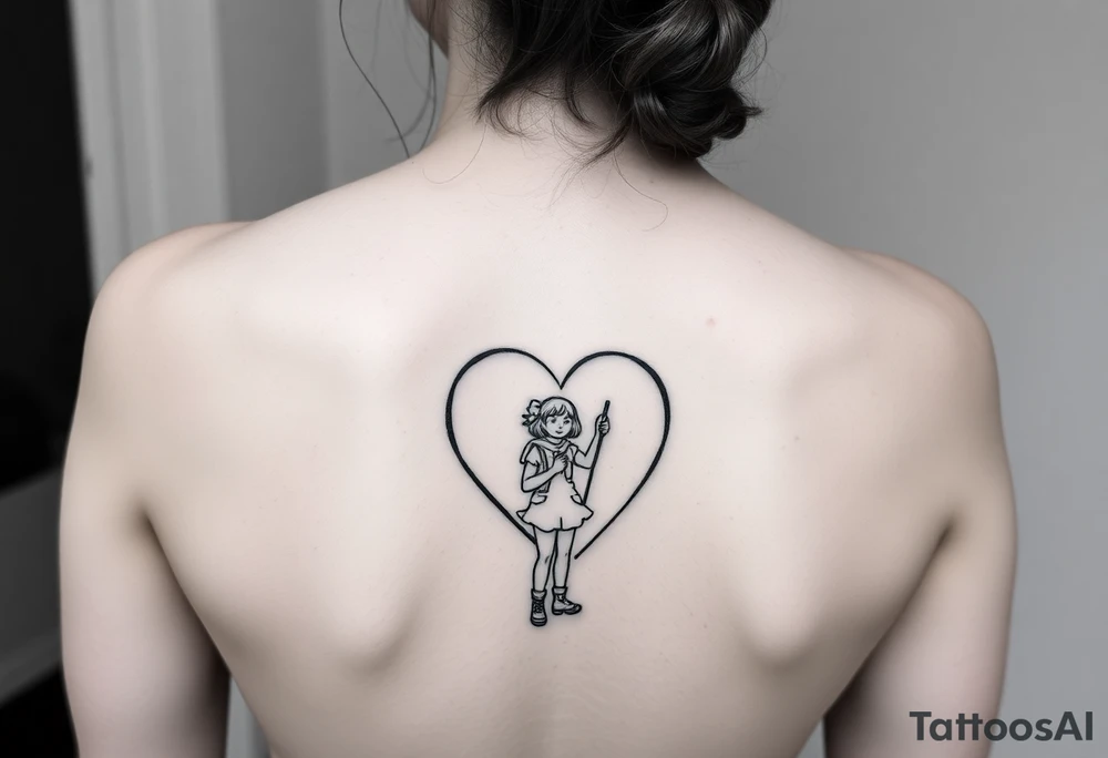one line tattoo with a woman holding hiking poles and climbing, with a little girl inside her heart cheering for her tattoo idea