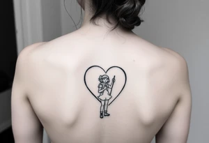 one line tattoo with a woman holding hiking poles and climbing, with a little girl inside her heart cheering for her tattoo idea