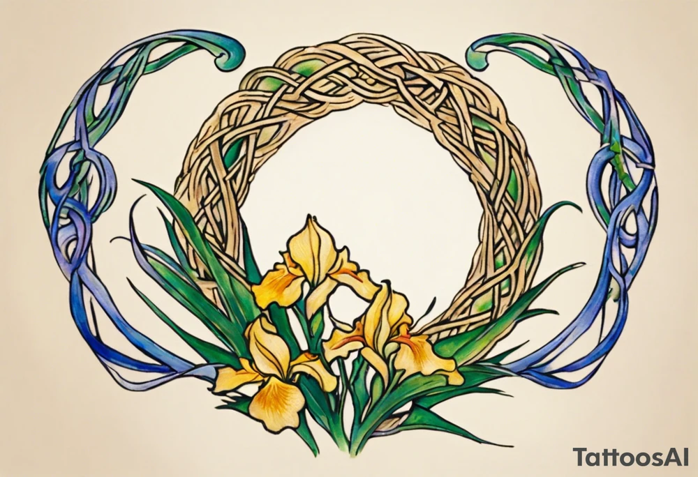 Create a small, delicate colorful Vincent van Gogh Irises tattoo in the form of a crescent, with vines or Celtic knots gracefully intertwining at a central point in the middle of the wreath.  In the middle of the wreath are mountains and other items found in New Mexico. Ensure that the design avoids the appearance of a bush and maintains a more structured and deliberate arrangement. The intended placement is on the upper chest. The overall design should be small in size while maintaining a delicate and artistic aesthetic. Pay attention to the graceful flow of the vines and the placement of the irises to achieve a refined and elegant look. tattoo idea