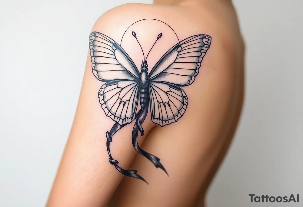 ethereal butterfly with flowing silk ribbons in moonlight tattoo idea