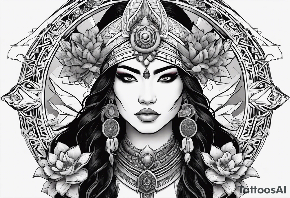 kali, valkrye, pirate, asian goddess, , warrior, native american, lotus, zenza resonance, skulls, dragon, pachamama, left side face, chest, right wing, tattoo idea