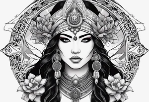 kali, valkrye, pirate, asian goddess, , warrior, native american, lotus, zenza resonance, skulls, dragon, pachamama, left side face, chest, right wing, tattoo idea