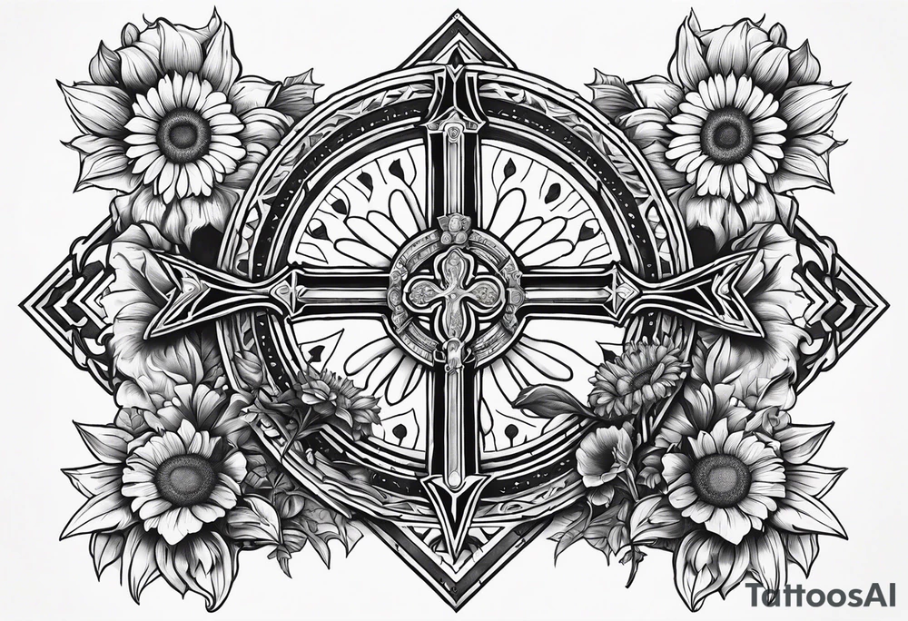 A central cross with the names Kyle Peter Lori on it with lighting a motorcycle and a sunflower around it tattoo idea