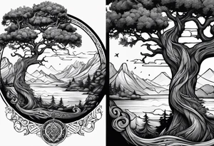 norse mythology world serpent wrap around giant tree tattoo design tattoo idea