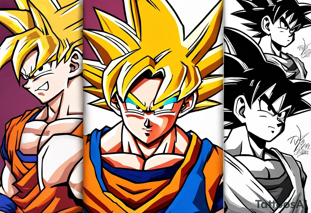 little Son-Goku in the foreground and an older version of him as a super sayin behind him tattoo idea