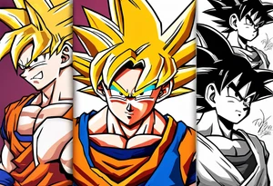 little Son-Goku in the foreground and an older version of him as a super sayin behind him tattoo idea