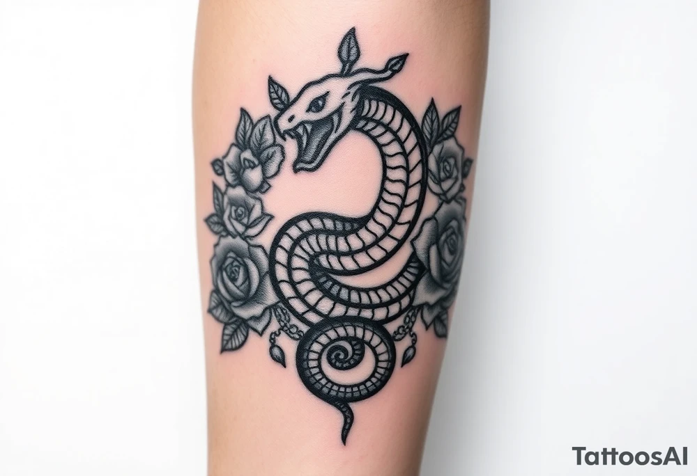 powerful majestic snake surrounded by rose ornaments tattoo idea