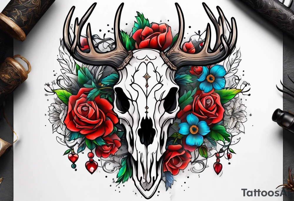 Reindeer skull and flower tattoo idea