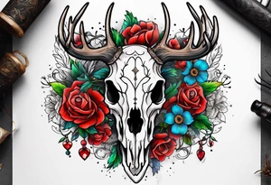 Reindeer skull and flower tattoo idea