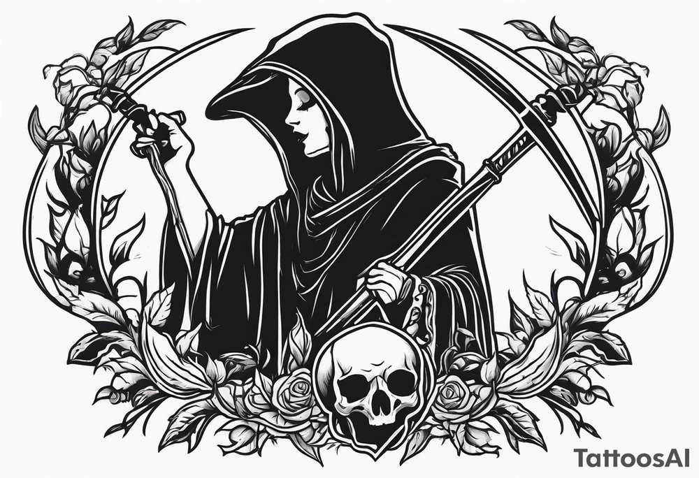 death with scythe and nightshade mortician tattoo idea