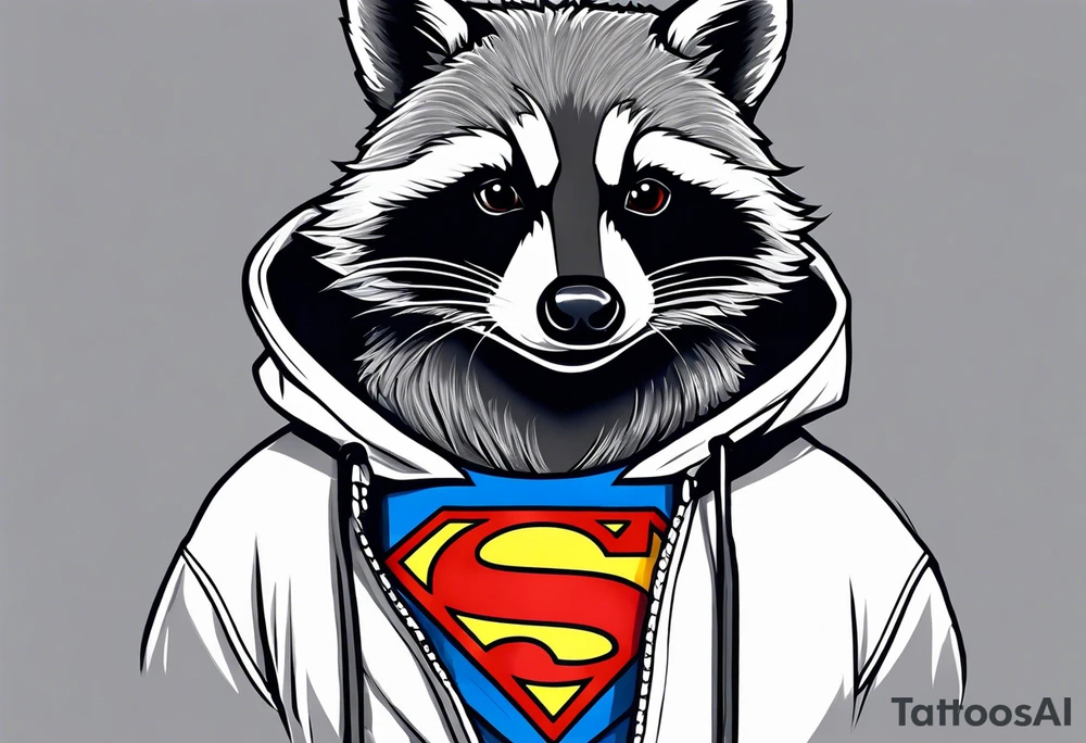raccoon wearing a Superman hoodie tattoo idea