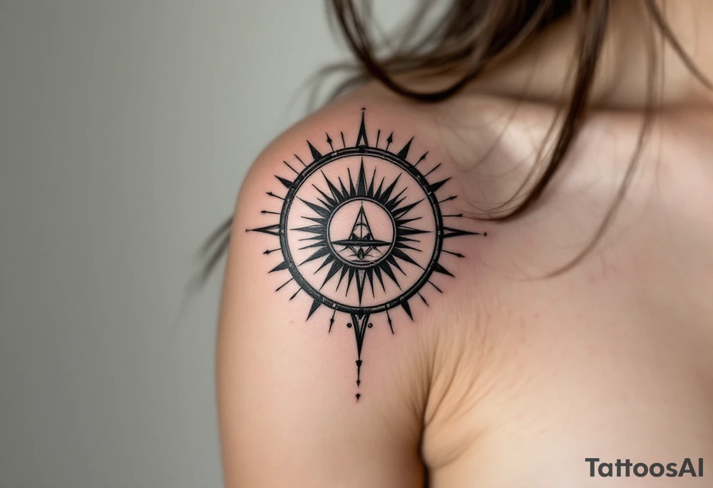 a half circle sundial mimicking the shape of the shoulder tattoo idea