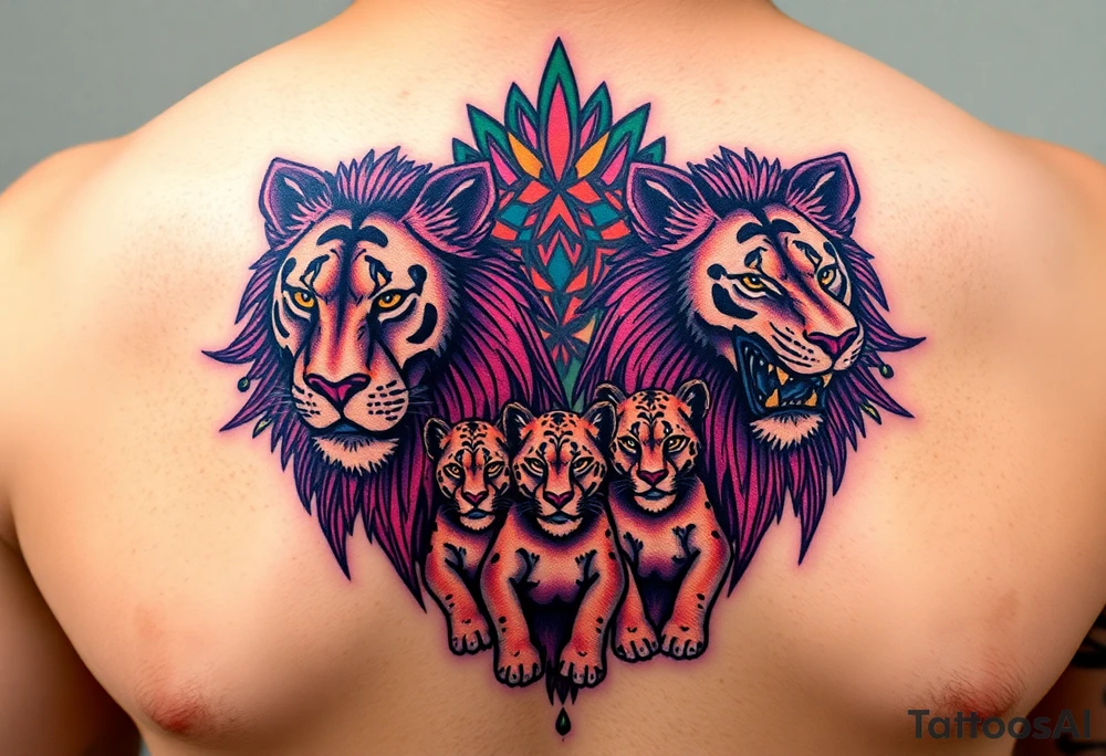 Male, female and cub lions tattoo idea