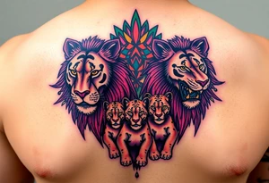 Male, female and cub lions tattoo idea