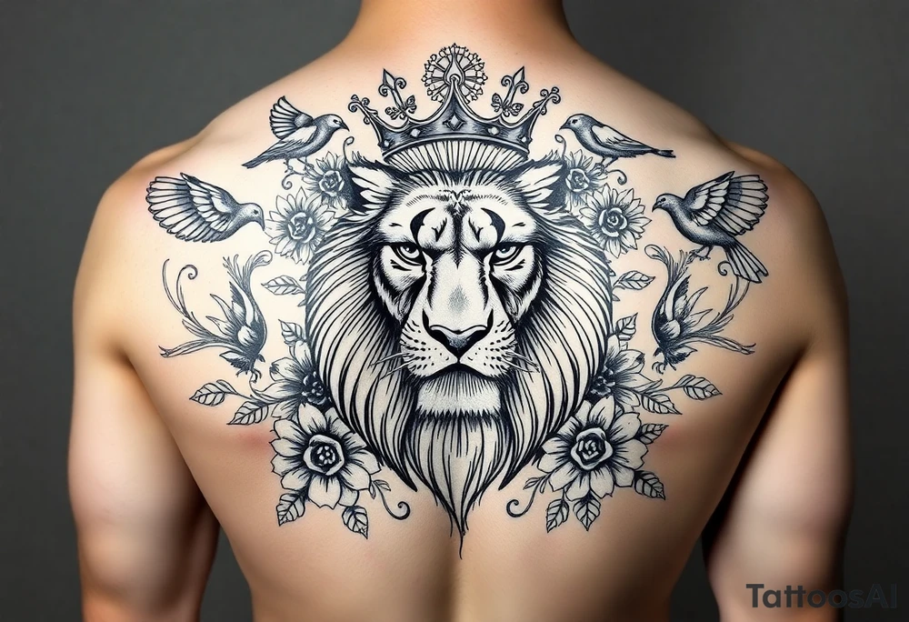 powerful majestic lion with a crown, surrounded by floral ornaments and birds tattoo idea