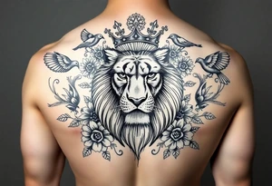 powerful majestic lion with a crown, surrounded by floral ornaments and birds tattoo idea