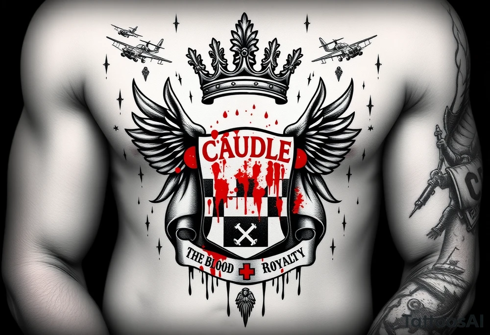 Men Doom Crest  with A Giant King Crown, CAUDLE written inside red, a chessboard, blood splatter on top of two  racing flags & OTF inside, The Words The Blood Of Royalty in red underneath the crest & 🌍 symbol in red outside of the crest, And raining blood drops, Jets/Airplanes/Helicopters/explosives flying above & Guns & Tanks & soldiers & knights plus ships tattoo idea
