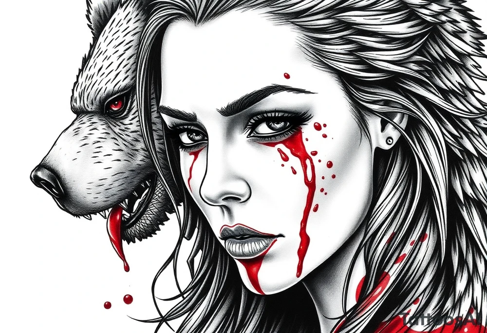 Beautiful Woman with battle scars and blood on face wearing dead bear on head tattoo idea