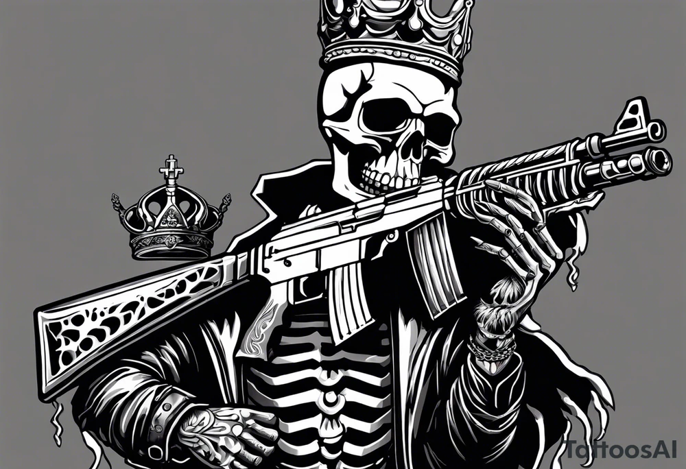 image of a skeleton standing frontally with a crown on his head, holding an AK-47 on his shoulder with his right hand. The chain on the left should be taut, there are three angry barking Dobermans in it, near the waist tattoo idea