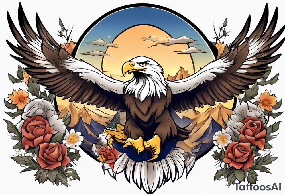 Tribute to Father representing a bald eagle with wings spread with mountain flowers in the background tattoo idea