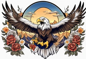Tribute to Father representing a bald eagle with wings spread with mountain flowers in the background tattoo idea