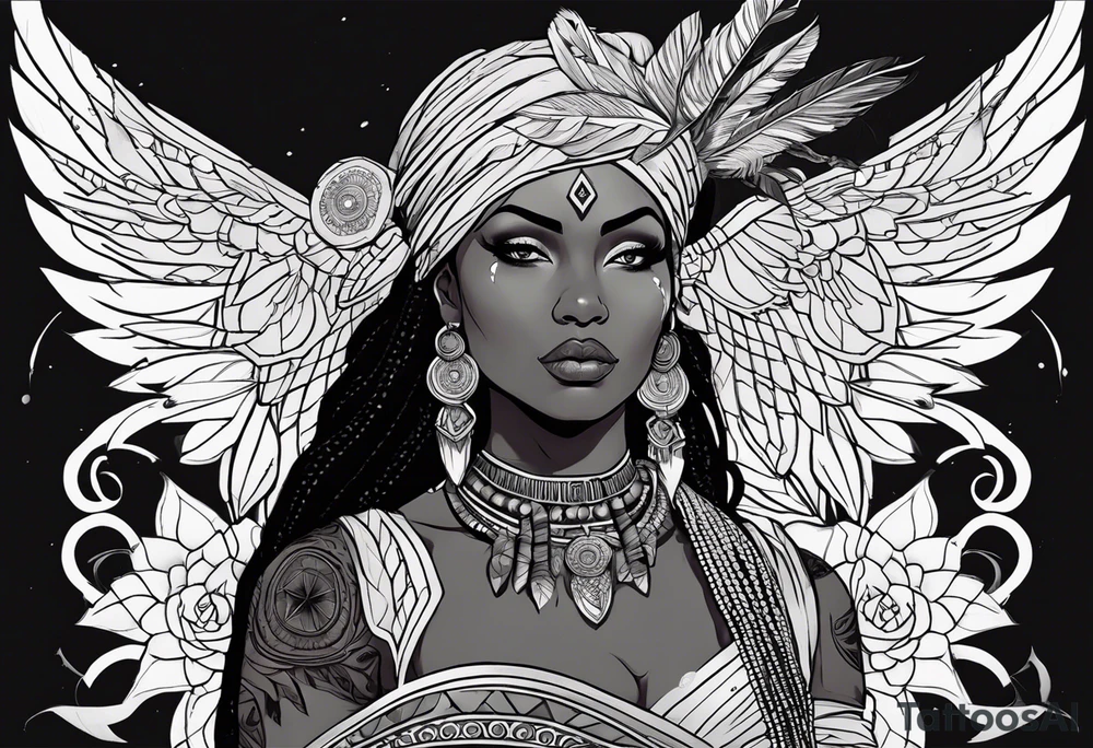 valkrye, kali, pirate, african goddess, , warrior, native american, lotus, zenza resonance, skulls, pachamama, left side face, chest, wing, tattoo idea