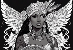 valkrye, kali, pirate, african goddess, , warrior, native american, lotus, zenza resonance, skulls, pachamama, left side face, chest, wing, tattoo idea