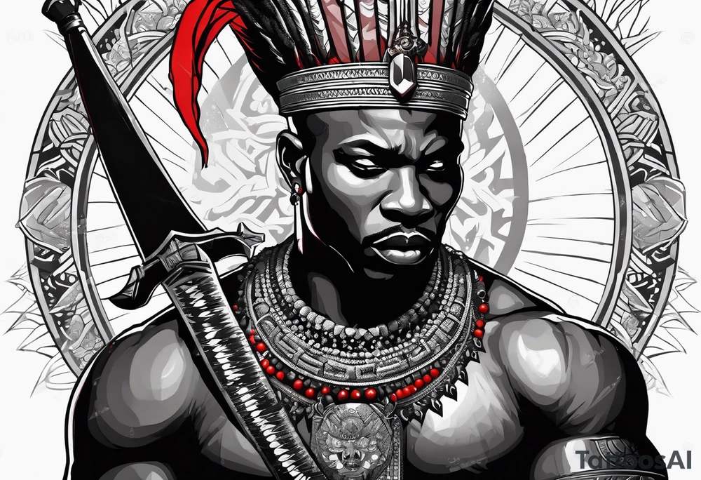 Black-skinned bald african warrior. He is a god of the war. Wears a simple red necklace and a silver crown tattoo idea