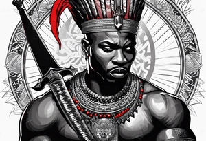 Black-skinned bald african warrior. He is a god of the war. Wears a simple red necklace and a silver crown tattoo idea