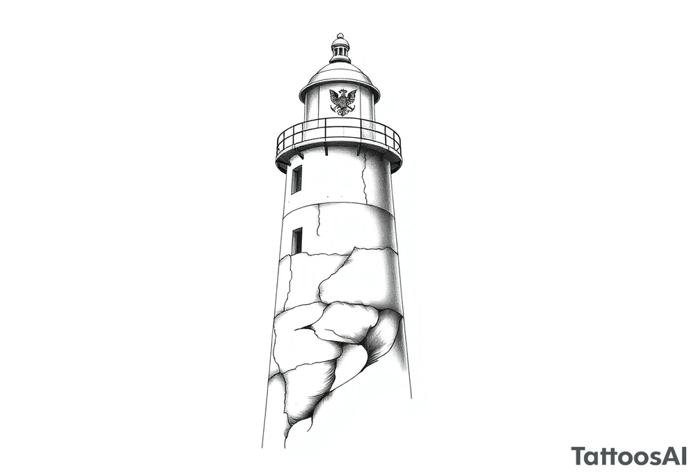 a whole lighthouse with a coat of arms incorporated into the roof tattoo idea