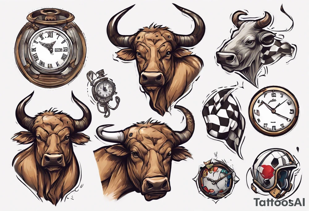 J'aimerai un taureau, et une horloge avec dedans mon chiffre 23, et à côté J'aimerai que tu rajoute une petite touche sur le football, tattoo idea