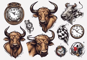 J'aimerai un taureau, et une horloge avec dedans mon chiffre 23, et à côté J'aimerai que tu rajoute une petite touche sur le football, tattoo idea