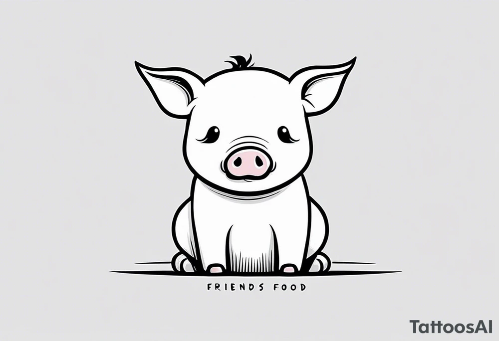 cute pig or piglet.
with text: "friends not food" 

only very thin lines. no shading. black and white only. simple outline only tattoo idea