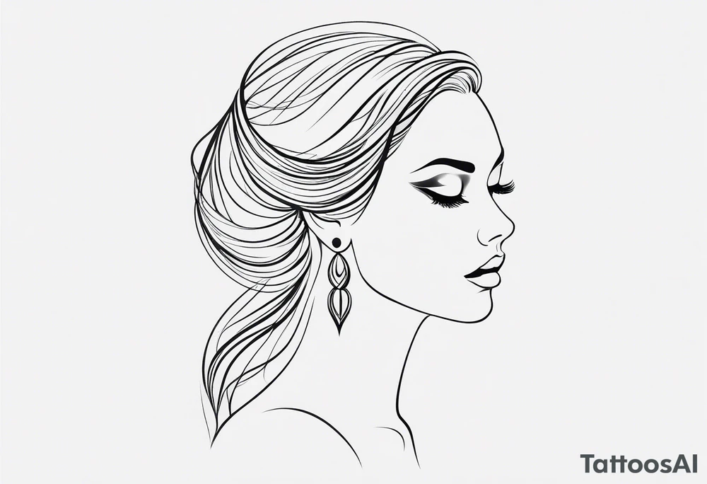 a line tattoo style design of a beautiful woman. The design features elegant lines that capture the essence of the woman’s features and form. It’s set against a white background, emphasizing the clean and minimalistic approach of the line art. The design focuses on the contours and shapes, creating a striking visual piece. tattoo idea