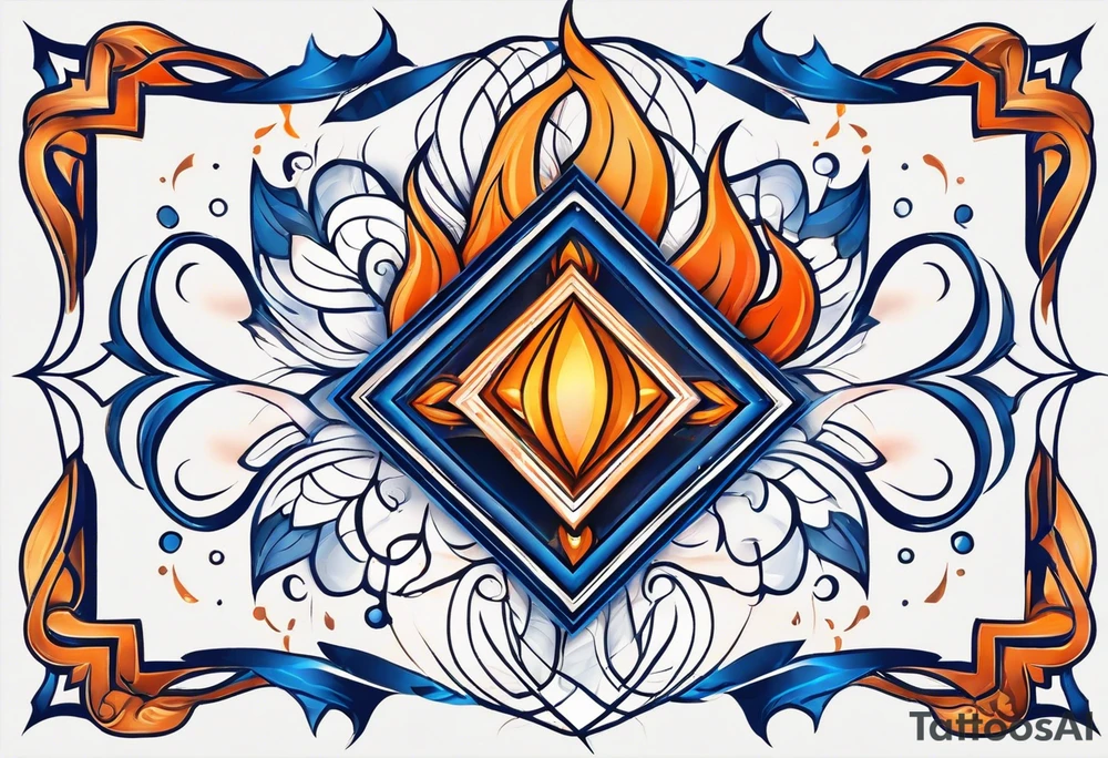 Blue and orange flame that has a half square thin line border. Twin flame symbol. Make it as small as possible. tattoo idea