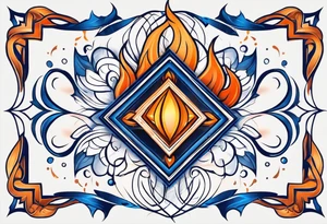 Blue and orange flame that has a half square thin line border. Twin flame symbol. Make it as small as possible. tattoo idea