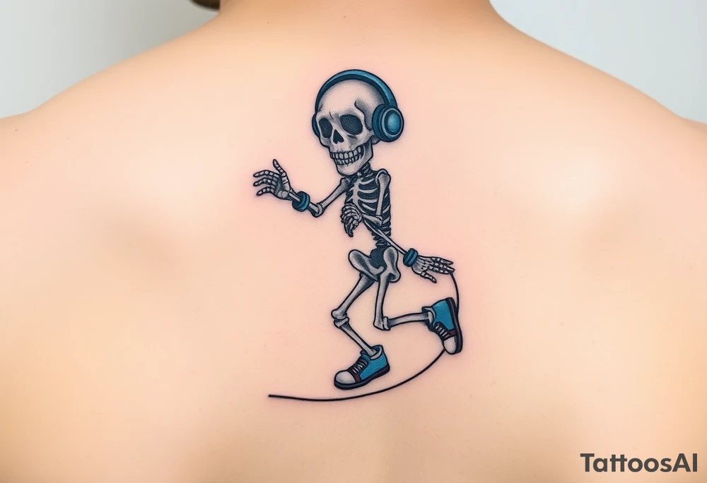 Minimalist funny looking dwarf skeleton skipping on a jumping rope with blue headphone blue tennis shoes blue arm bands and music notes colorful tattoo idea
